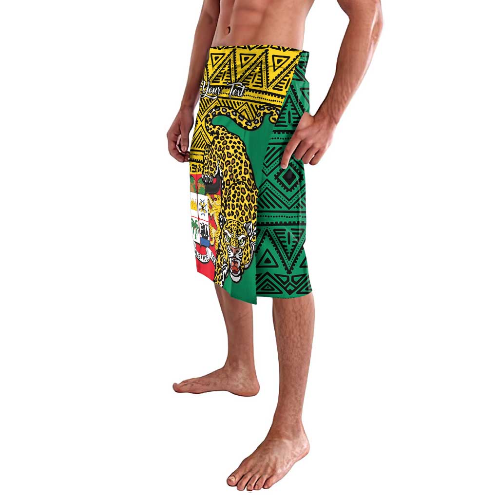 Benin lavalava coat, side view with yellow geometric top and leopard graphic