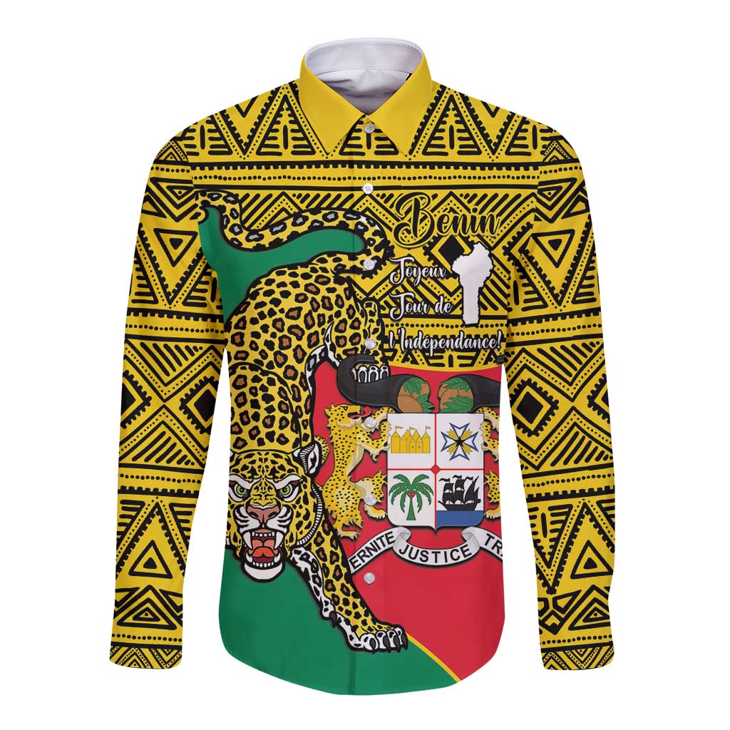 Yellow long-sleeve button shirt with Benin text, leopard mascot graphic, bold Aztec-style pattern