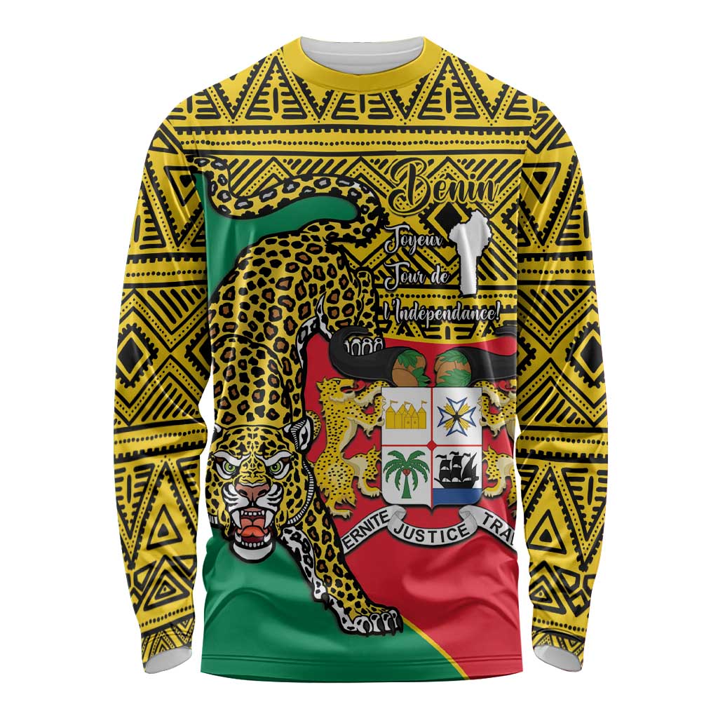 Personalised Benin National Day Long Sleeve Shirt Coat Of Arms With Leopard African Pattern - Wonder Print Shop