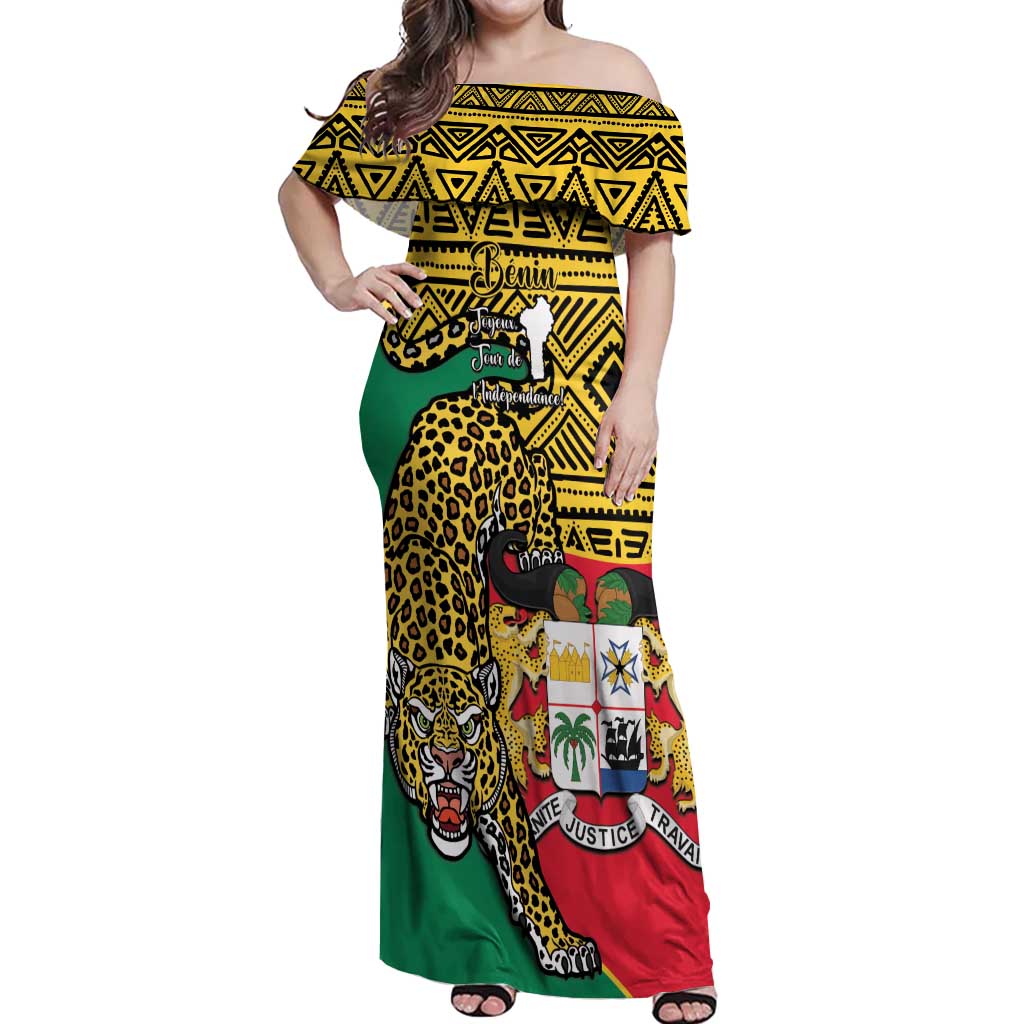 Personalised Benin National Day Off Shoulder Maxi Dress Coat Of Arms With Leopard African Pattern - Wonder Print Shop