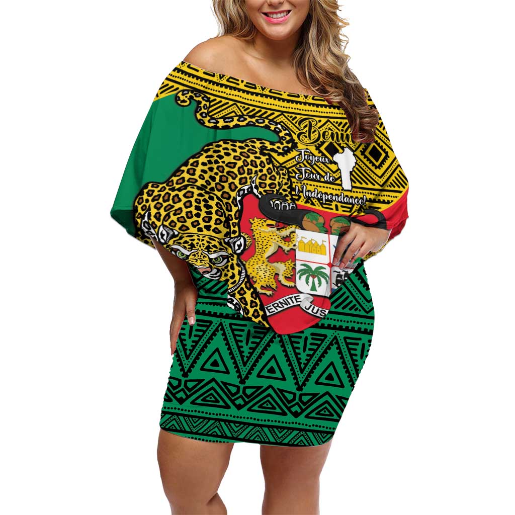 Personalised Benin National Day Off Shoulder Short Dress Coat Of Arms With Leopard African Pattern - Wonder Print Shop