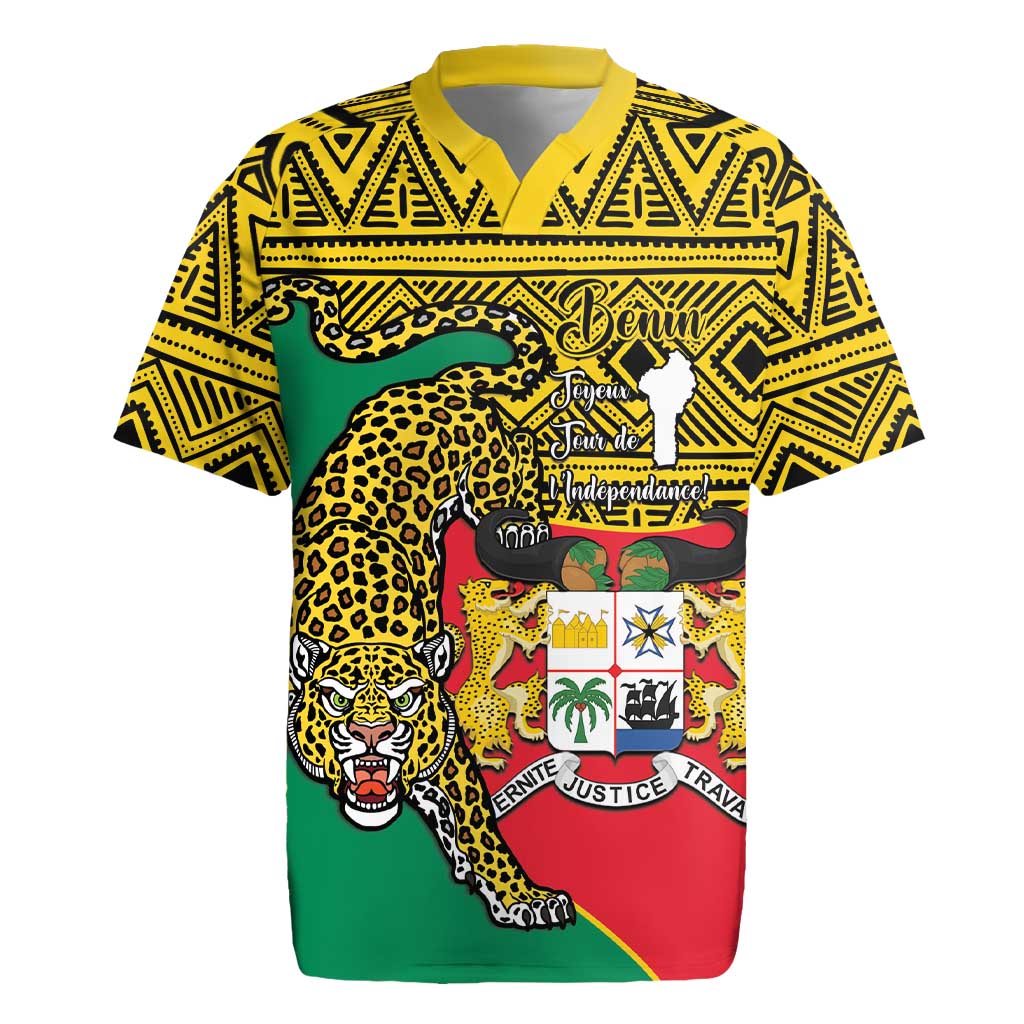 Personalised Benin National Day Rugby Jersey Coat Of Arms With Leopard African Pattern - Wonder Print Shop