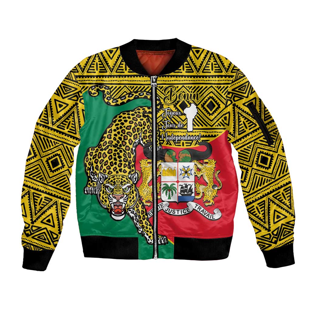 Personalised Benin National Day Sleeve Zip Bomber Jacket Coat Of Arms With Leopard African Pattern - Wonder Print Shop