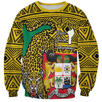 Yellow crewneck sweatshirt with leopard graphic and Benin crest print on front