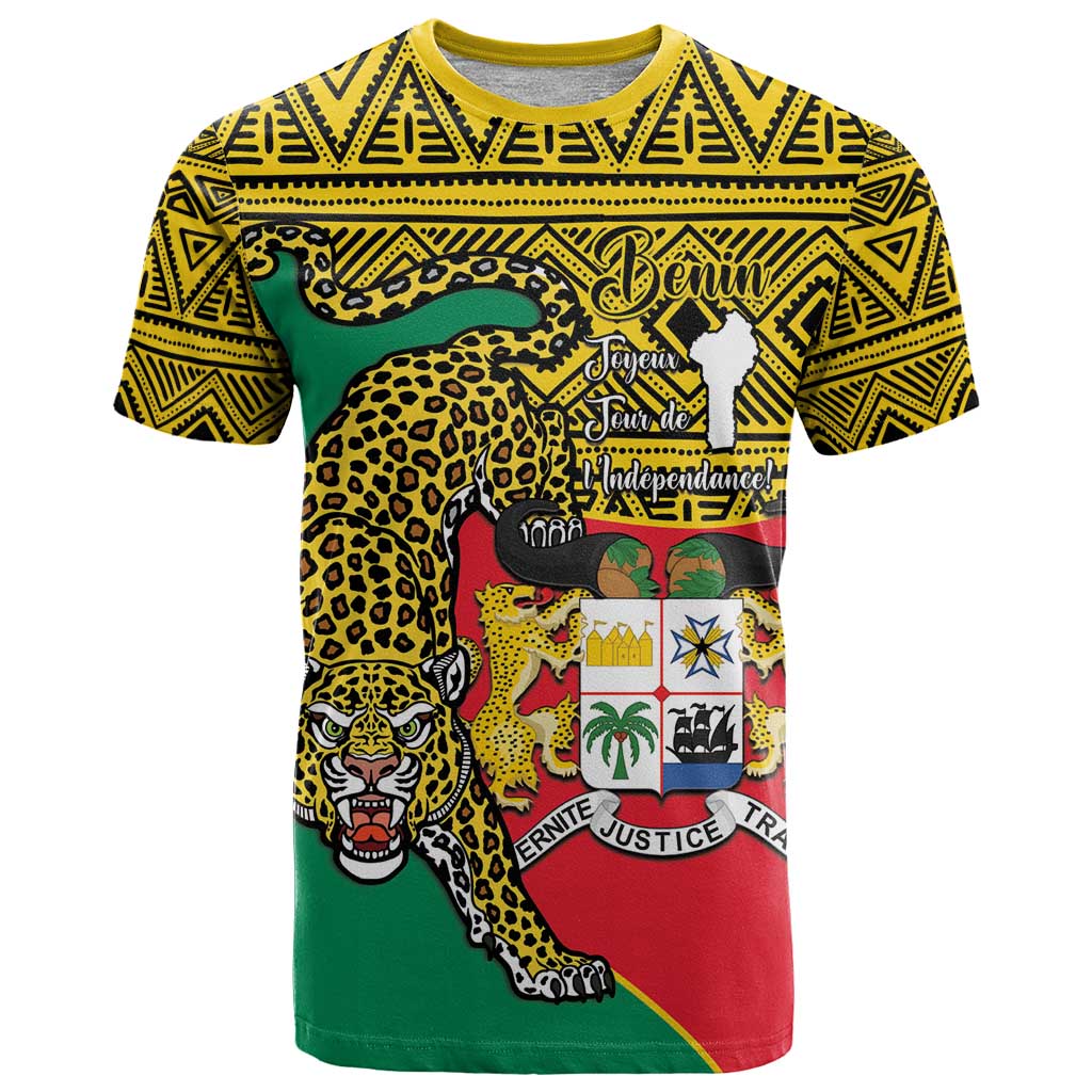 Personalised Benin National Day T Shirt Coat Of Arms With Leopard African Pattern