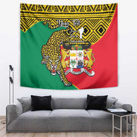 Personalized Benin tapestry wall hanging featuring leopard head and crest shield design