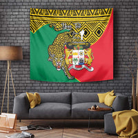 Personalized Benin tapestry with leopard print animal, coat of arms emblem and yellow trim
