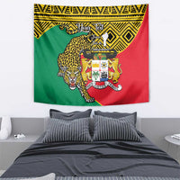 Personalized Benin tapestry with leopard and coat of arms crest in green and red