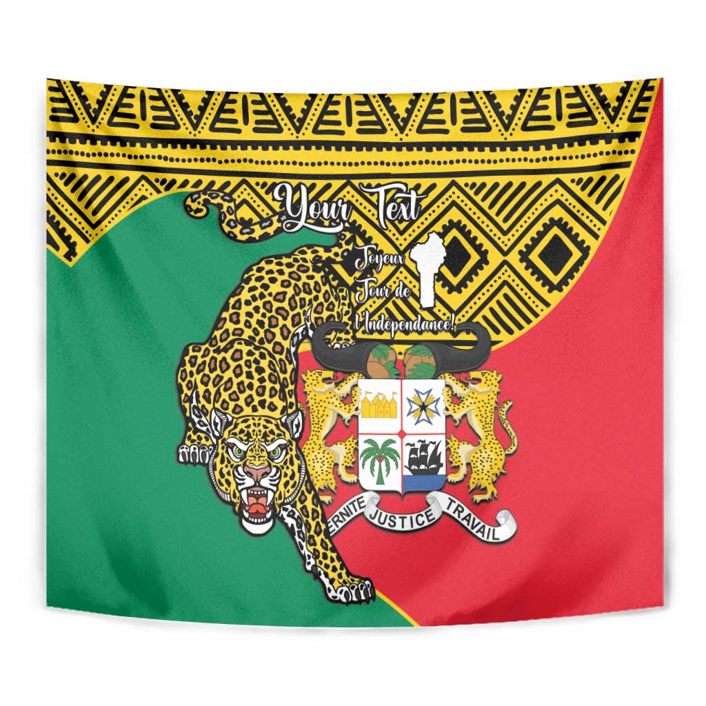Personalized Benin tapestry with leopard silhouette, coat of arms and geometric border