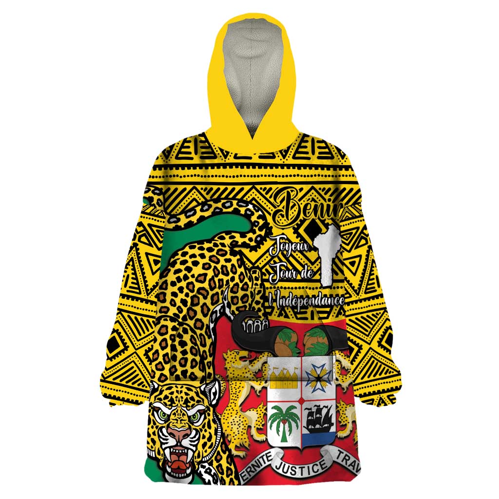 Personalised Benin National Day Wearable Blanket Hoodie Coat Of Arms With Leopard African Pattern