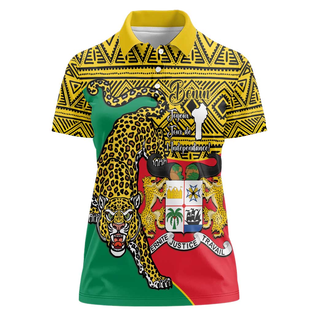 Personalised Benin National Day Women Polo Shirt Coat Of Arms With Leopard African Pattern