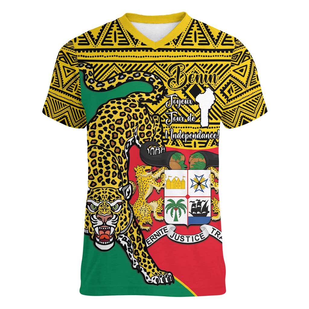 Personalised Benin National Day Women V-Neck T-Shirt Coat Of Arms With Leopard African Pattern