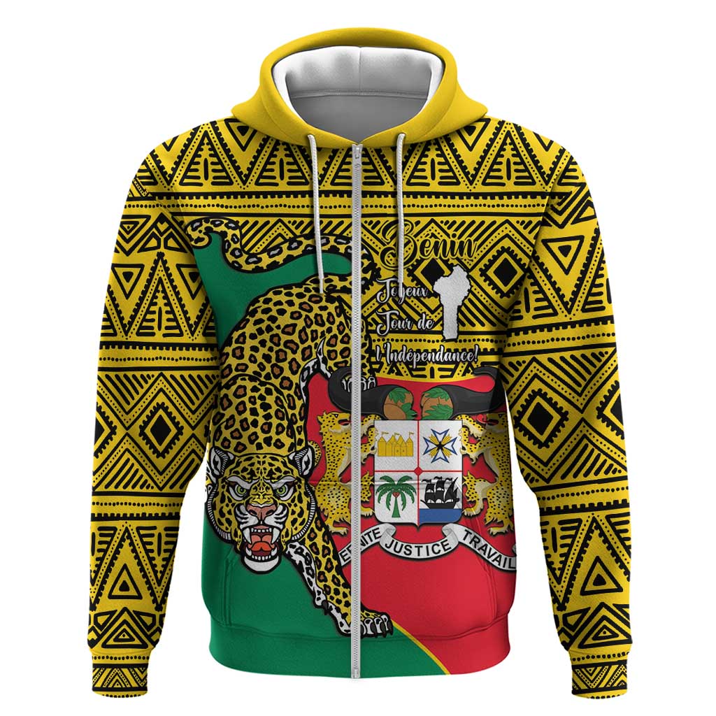 Personalised Benin National Day Zip Hoodie Coat Of Arms With Leopard African Pattern