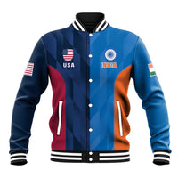 Blue varsity baseball jacket with button front, USA and India patches, striped ribbing