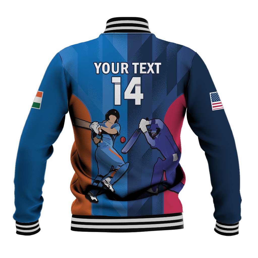 Blue baseball jacket with ribbed striped collar, back graphic and number 14