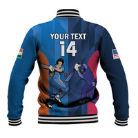 Blue baseball jacket with ribbed striped collar, back graphic and number 14