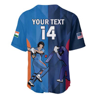 Blue jersey back with YOUR TEXT 14, player illustration, flags on sleeves