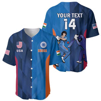 Blue cricket jerseys: front shows USA and India crests; back shows YOUR TEXT 14
