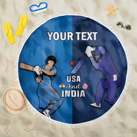 Round blue cricket beach blanket with white fringe, USA and India players graphic