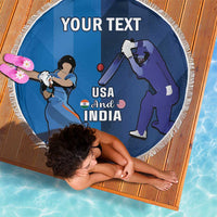 Round blue cricket beach blanket with white fringe, USA and India graphic