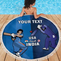 Round blue cricket beach blanket with white fringe, USA and India player design