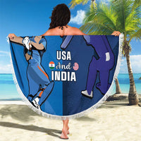 Round blue cricket beach blanket with white fringe, USA and India graphic, held up