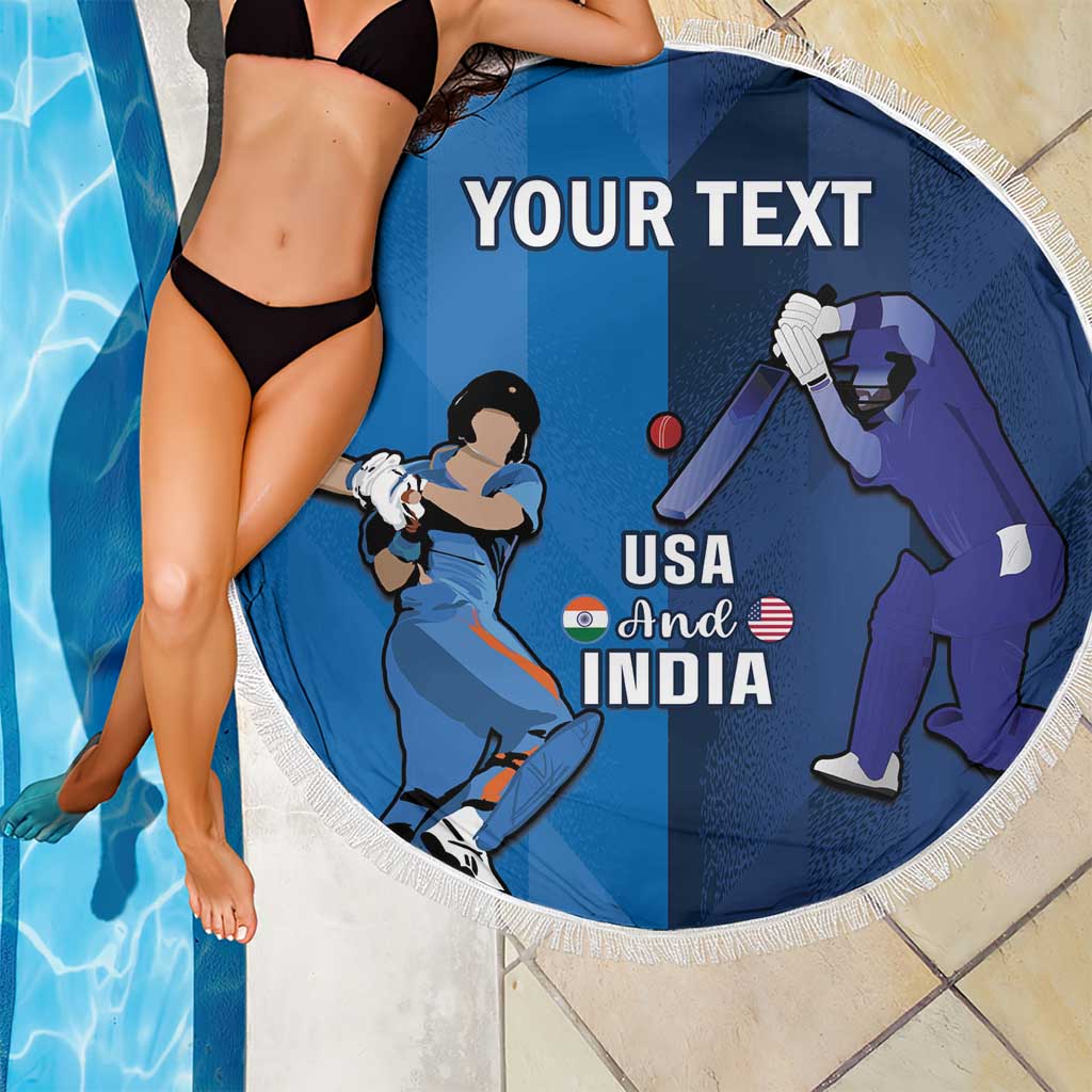 Round blue cricket beach blanket with white fringe, USA and India graphic on person