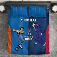 Blue cricket bedding set with two pillowcases and duvet, featuring USA and India players art