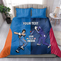 Blue bedding set with two pillowcases and duvet on bed, showing cricket players for USA and India