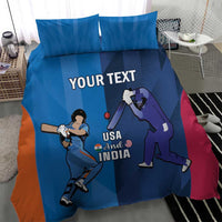 Blue duvet bedding set with two pillowcases, featuring cricket players and USA and India text