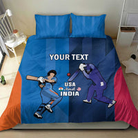 Blue and red cricket bedding set with two pillowcases, USA and India cricket player design