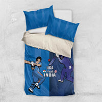 Blue bedding set with two pillowcases and duvet, featuring USA and India cricket player graphics