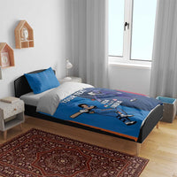 Blue cricket bedding set with duvet and pillow, featuring USA and India cricket players design