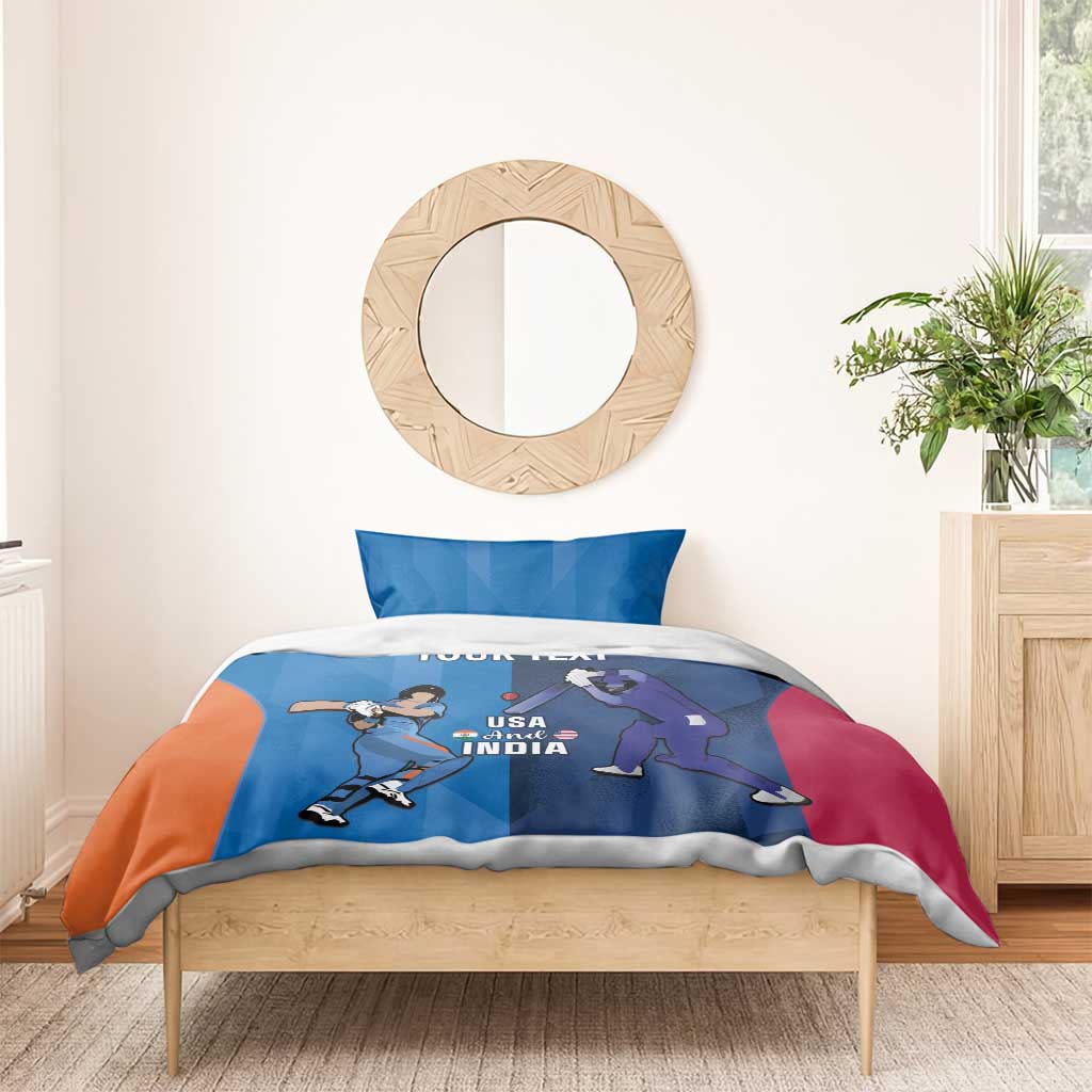 Blue duvet with two-tone orange and red accents and matching bedding, USA and India cricket art