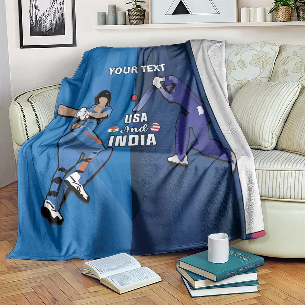 Blue custom cricket blanket with USA and India players graphic and “YOUR TEXT”