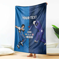 Blue custom cricket blanket displayed upright with USA and India players and “YOUR TEXT”