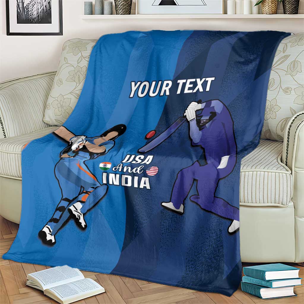 Blue custom cricket blanket on couch with USA and India cricket players, “YOUR TEXT”