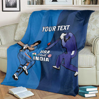 Blue custom cricket blanket on couch with USA and India cricket players, “YOUR TEXT”