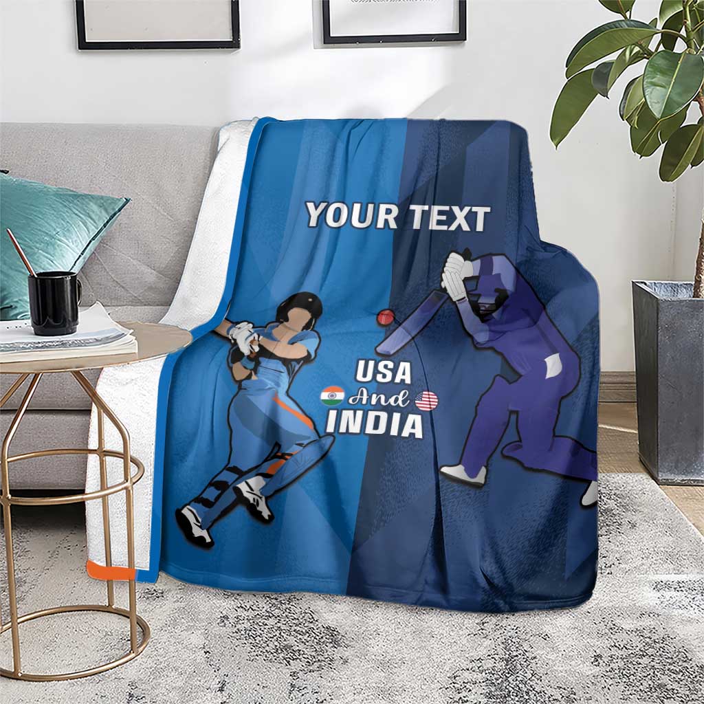 Blue custom cricket blanket on floor with USA and India players graphic and “YOUR TEXT”