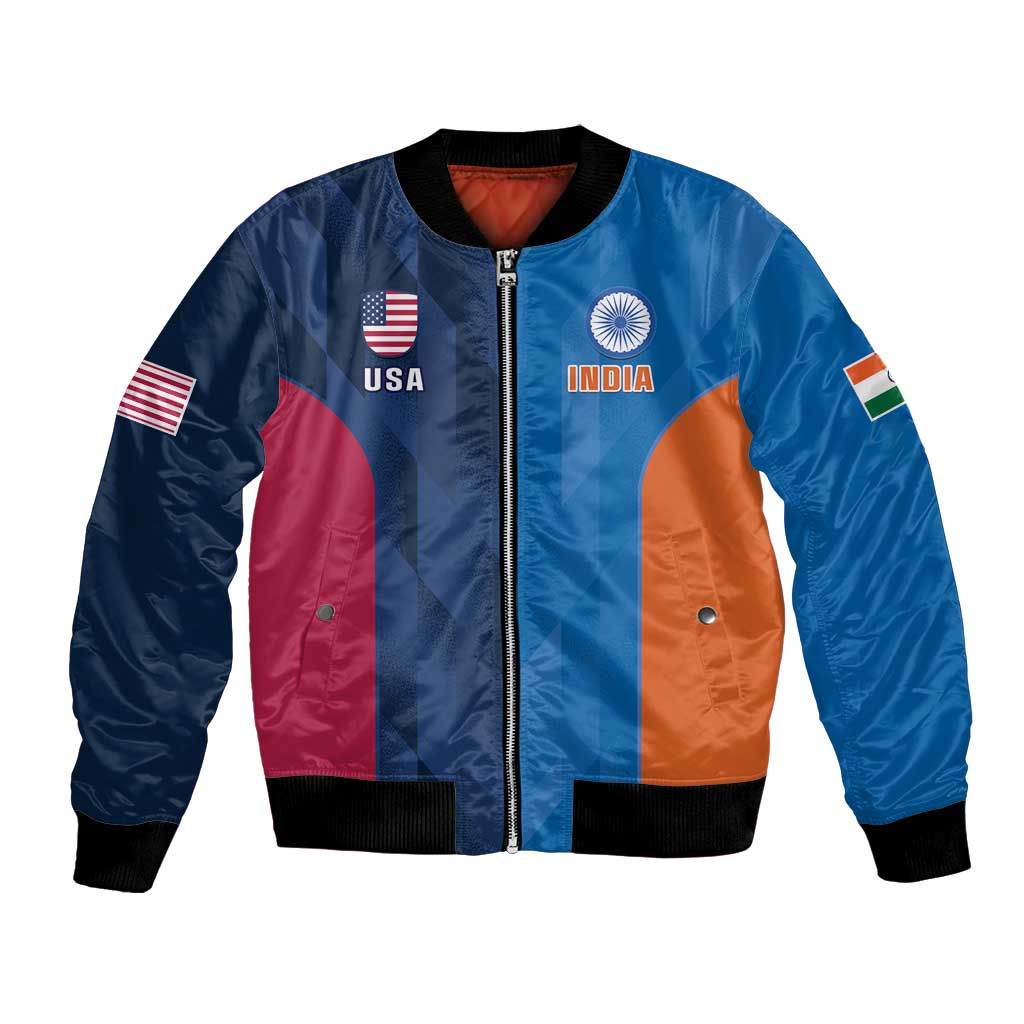 Blue cricket bomber jacket with USA and India patches, zip front, ribbed cuffs