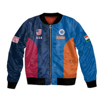 Blue cricket bomber jacket with USA and India patches, zip front, ribbed cuffs