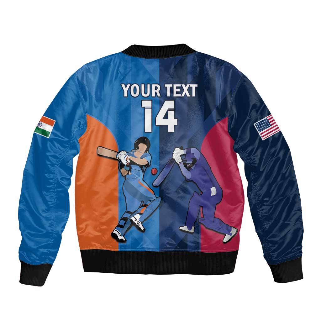 Blue cricket bomber jacket back with 'YOUR TEXT' and number 14 graphic, ribbed hem
