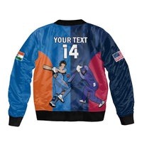 Blue cricket bomber jacket back with 'YOUR TEXT' and number 14 graphic, ribbed hem