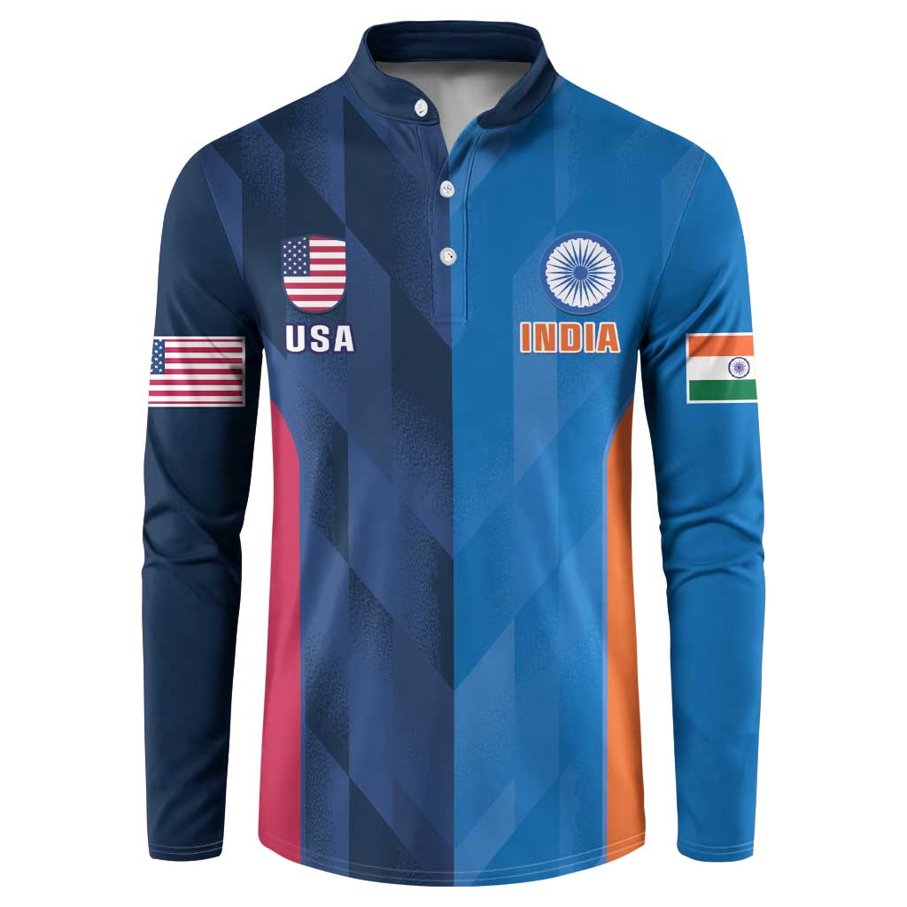 Blue button-front cricket sweatshirt with USA and India crest graphics