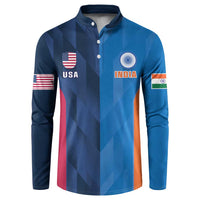 Blue button-front cricket sweatshirt with USA and India crest graphics