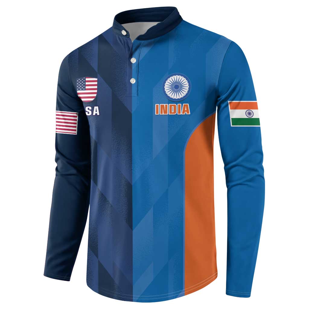 Blue button-front cricket sweatshirt with India crest and USA sleeve flag