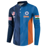 Blue button-front cricket sweatshirt with India crest and USA sleeve flag