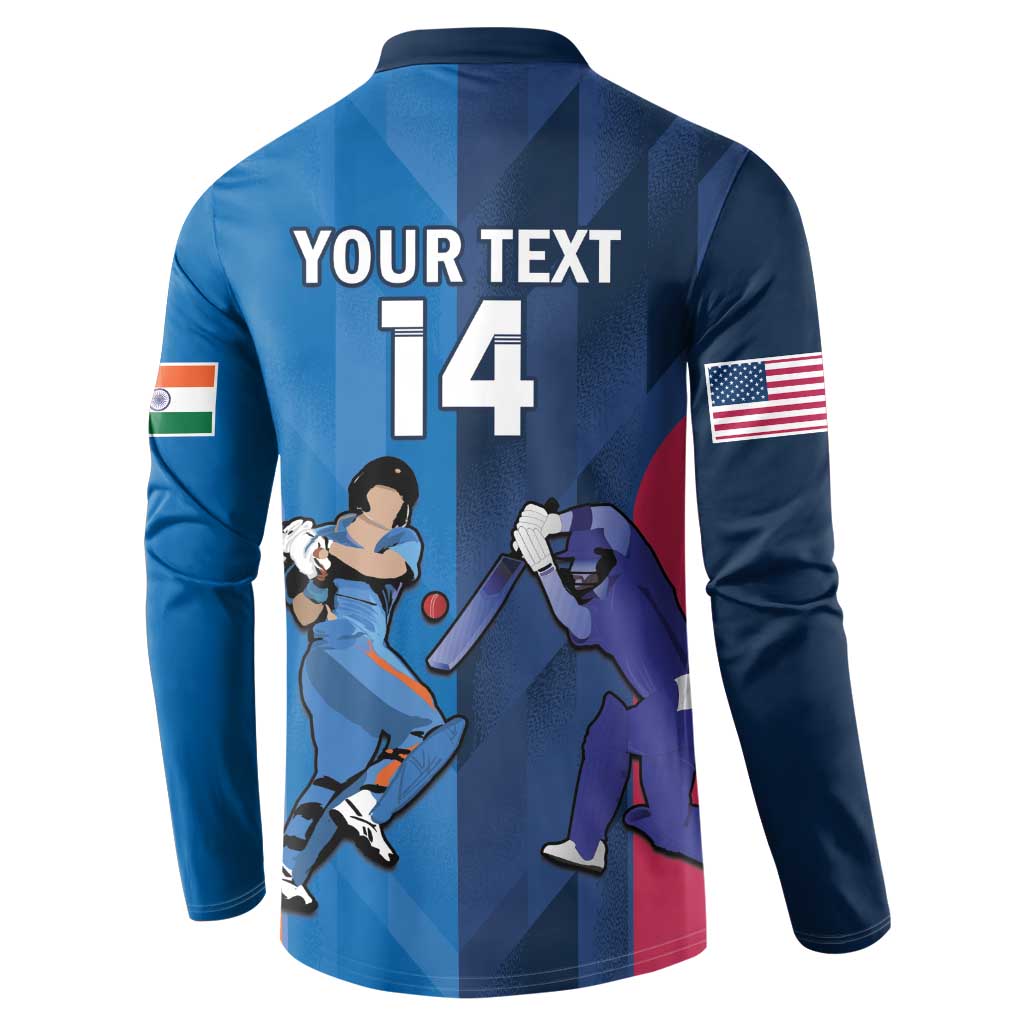 Blue button-front cricket sweatshirt, back art with 'YOUR TEXT' and 14