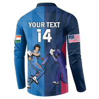 Blue button-front cricket sweatshirt, back art with 'YOUR TEXT' and 14