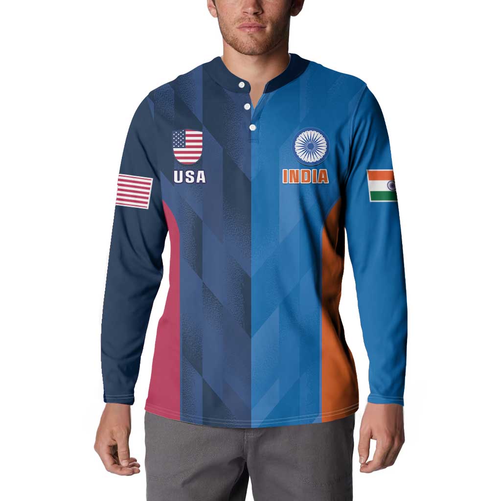 Blue button-front cricket sweatshirt on model, USA and India flag crests